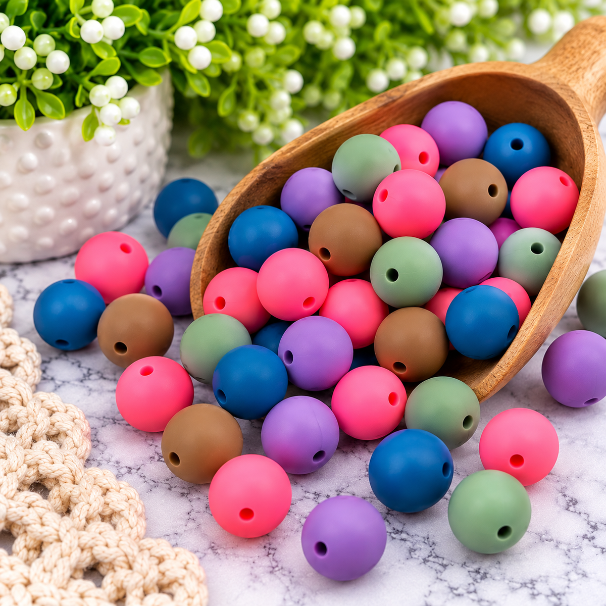 Happy Little Detour 60-count 15mm matte silicone bead mix featuring Pink Guava, Bermuda Blue, Eucalyptus Breeze, Coco Whisper and Midnight Orchid.