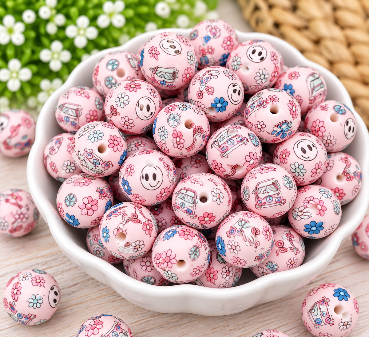 Happy Little Hippie 15mm printed silicone beads with a pastel pink background featuring colorful daisies, smiley faces, peace signs, retro vans, and scooters.
