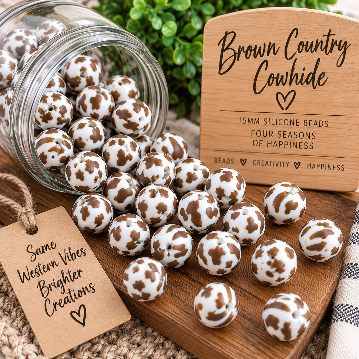 Brown Country Cowhide 15mm Printed Silicone Bead – Brown & White Cow Print | FSOH