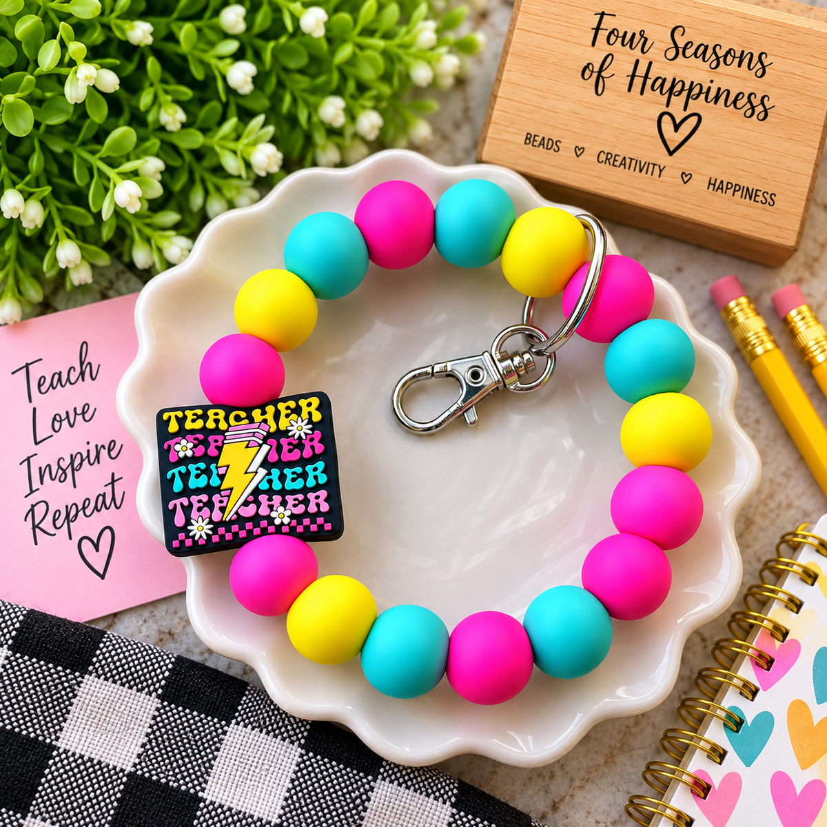Teach Happy Teacher Wristlet – DIY Silicone Bead Kit or Premade Wristlet | FSOH