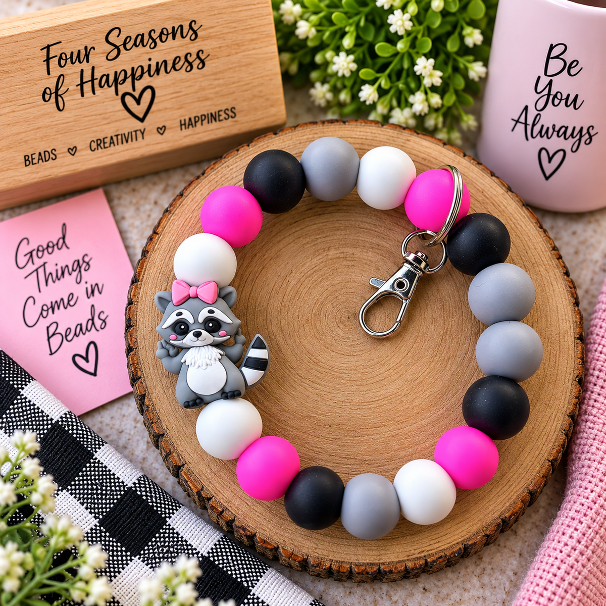 Rascal in Pink Raccoon Wristlet – DIY Silicone Bead Kit or Premade Wristlet