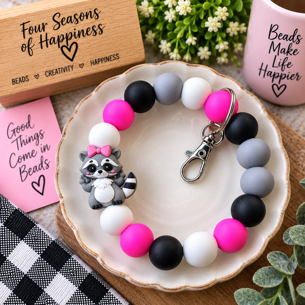 Rascal in Pink Raccoon Wristlet – DIY Silicone Bead Kit or Premade Wristlet