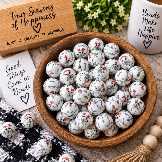 15mm Christmas Skeleton Printed Silicone Beads | Holiday Craft Beads