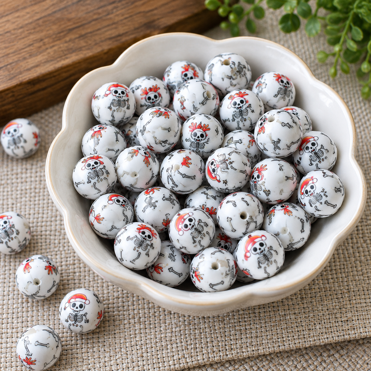 15mm Christmas Skeleton Printed Silicone Beads | Holiday Craft Beads