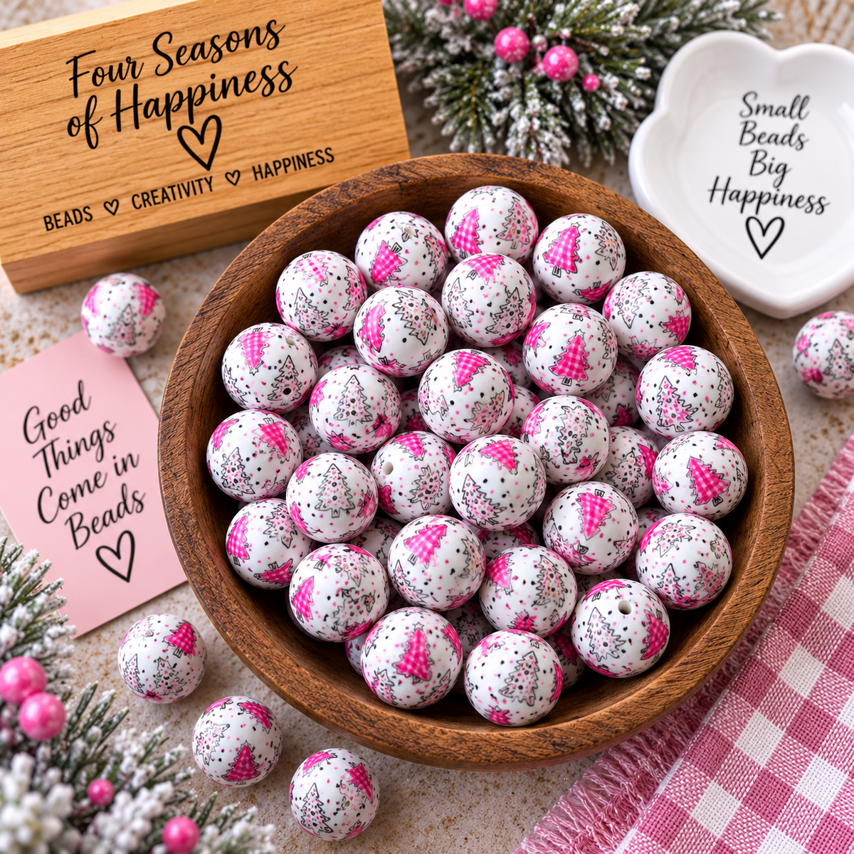 15mm Pink Christmas Tree Printed Silicone Beads | Pastel Craft Beads