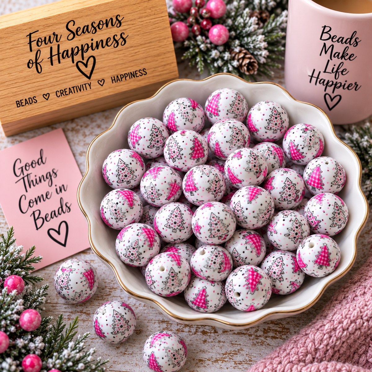15mm Pink Christmas Tree Printed Silicone Beads | Pastel Craft Beads