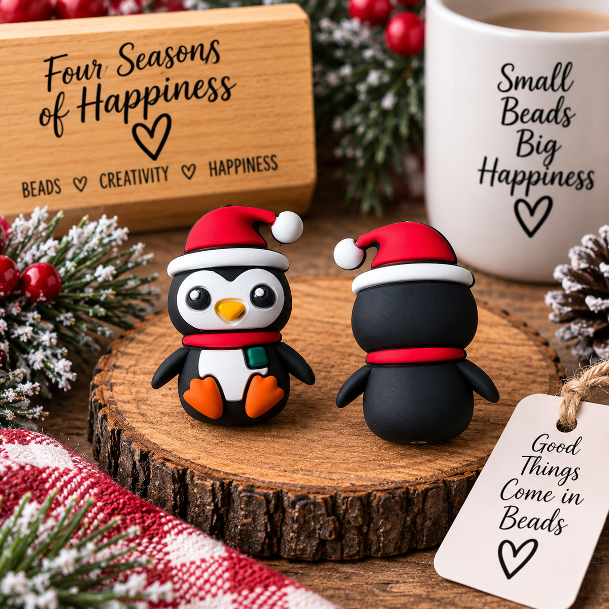 Christmas Penguin 3D Silicone Focal Bead | Holiday Craft Supplies