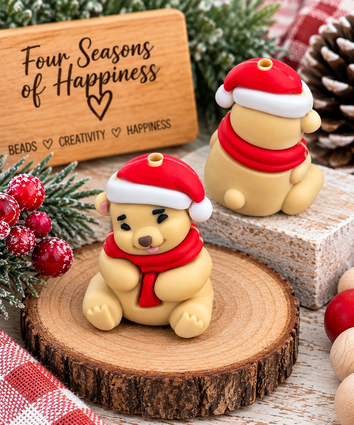 Christmas Bear 3D Silicone Focal Bead | Santa Hat Teddy Craft Bead