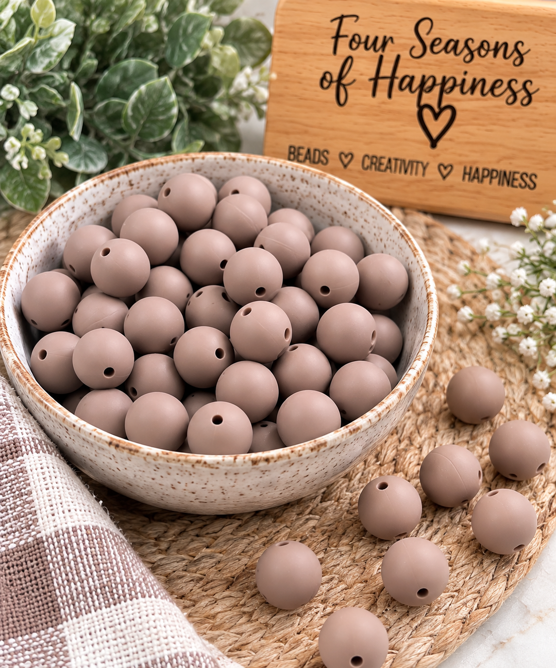 Cocoa Whisper 15mm Round Silicone Beads – Taupe Neutral | FSOH