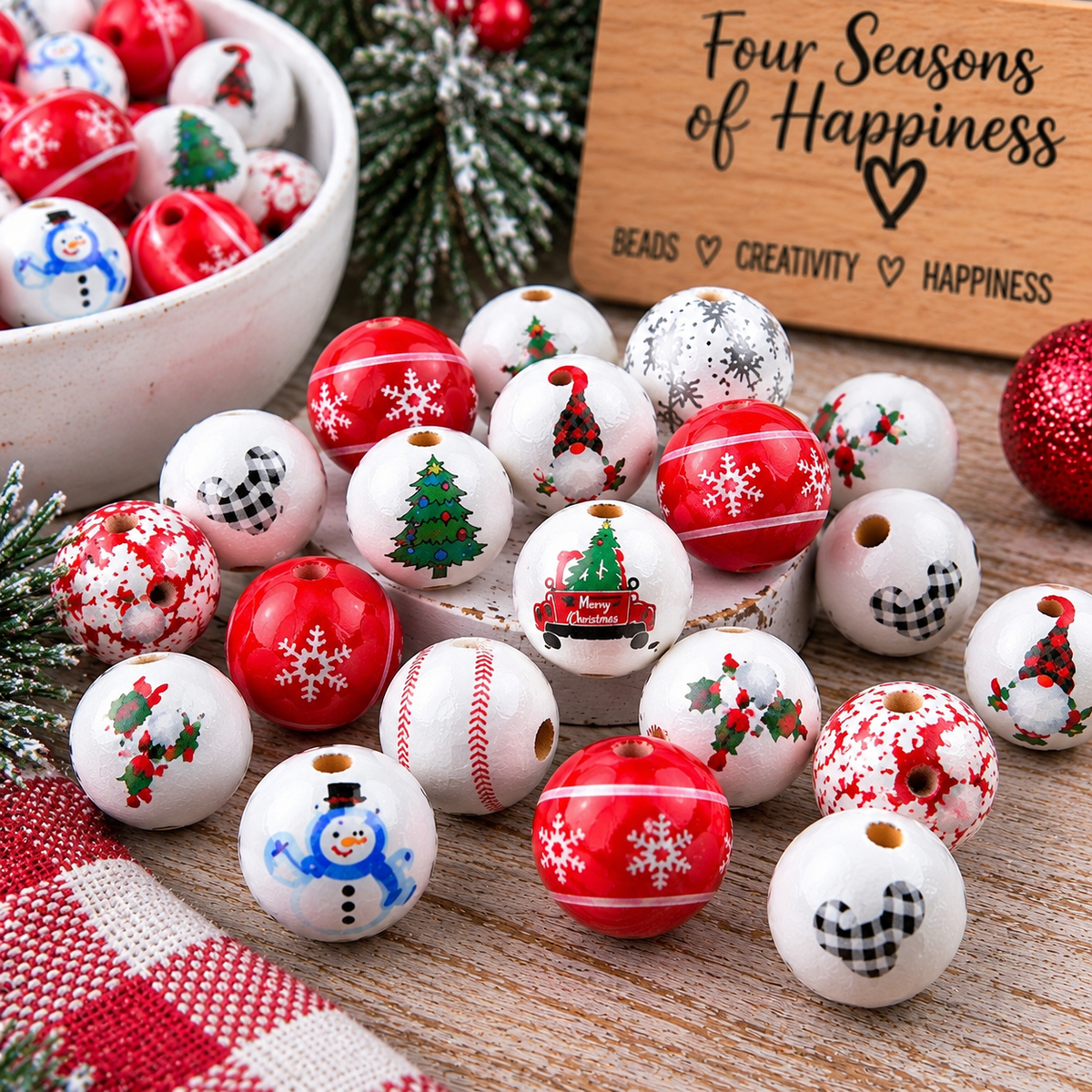 Merry Little Christmas – 16mm Printed Wood Bead Mix | 35 Count | FSOH