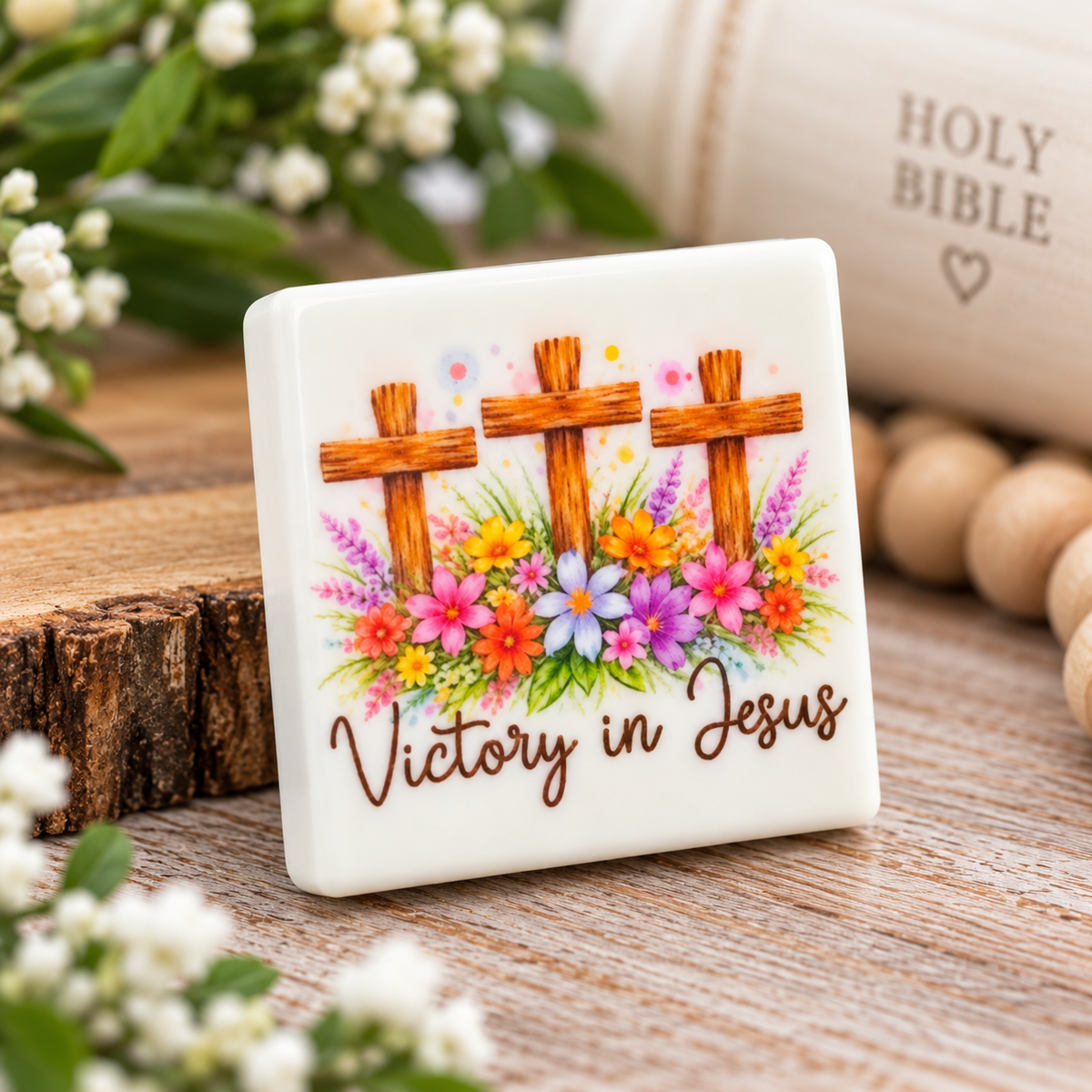 Victory in Jesus Floral Cross Printed Silicone Focal Bead | FSOH