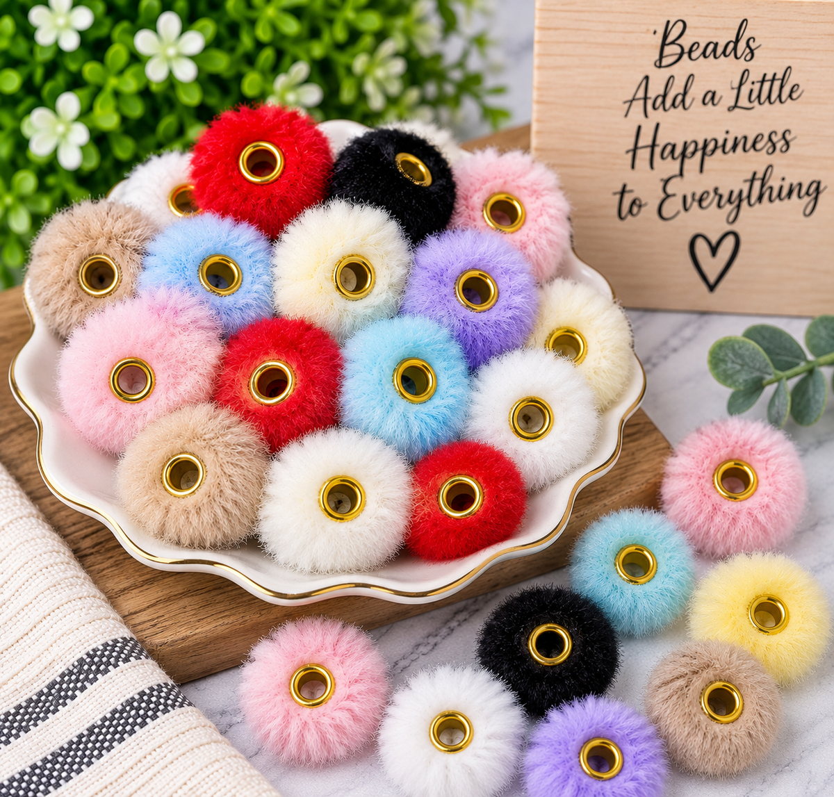 Fuzzy Pom-Pom Beads with Gold Centers – Mixed Colors- 25 Count | FSOH