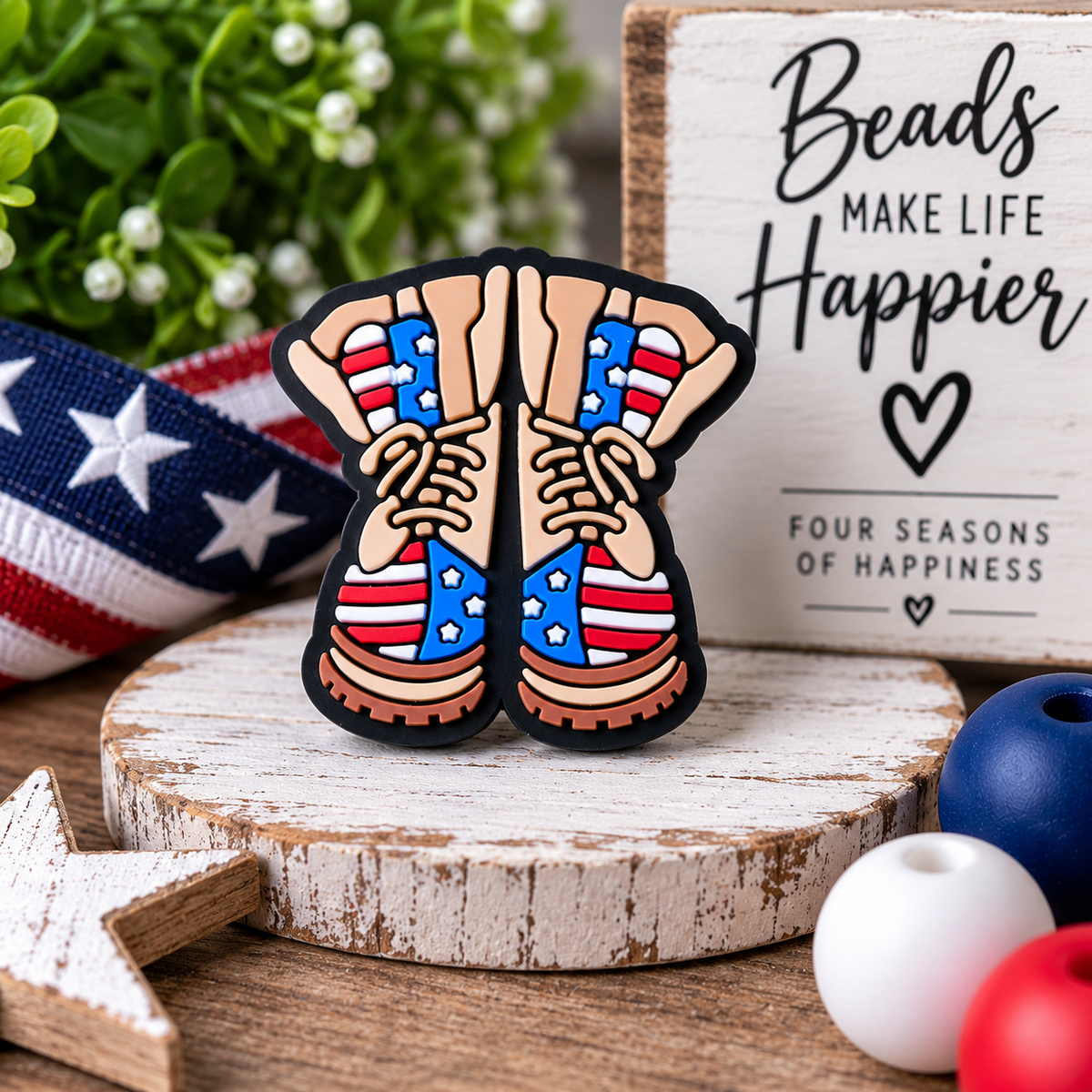 Stars & Stripes Boots Silicone Focal Bead – Patriotic Red White & Blue | FSOH