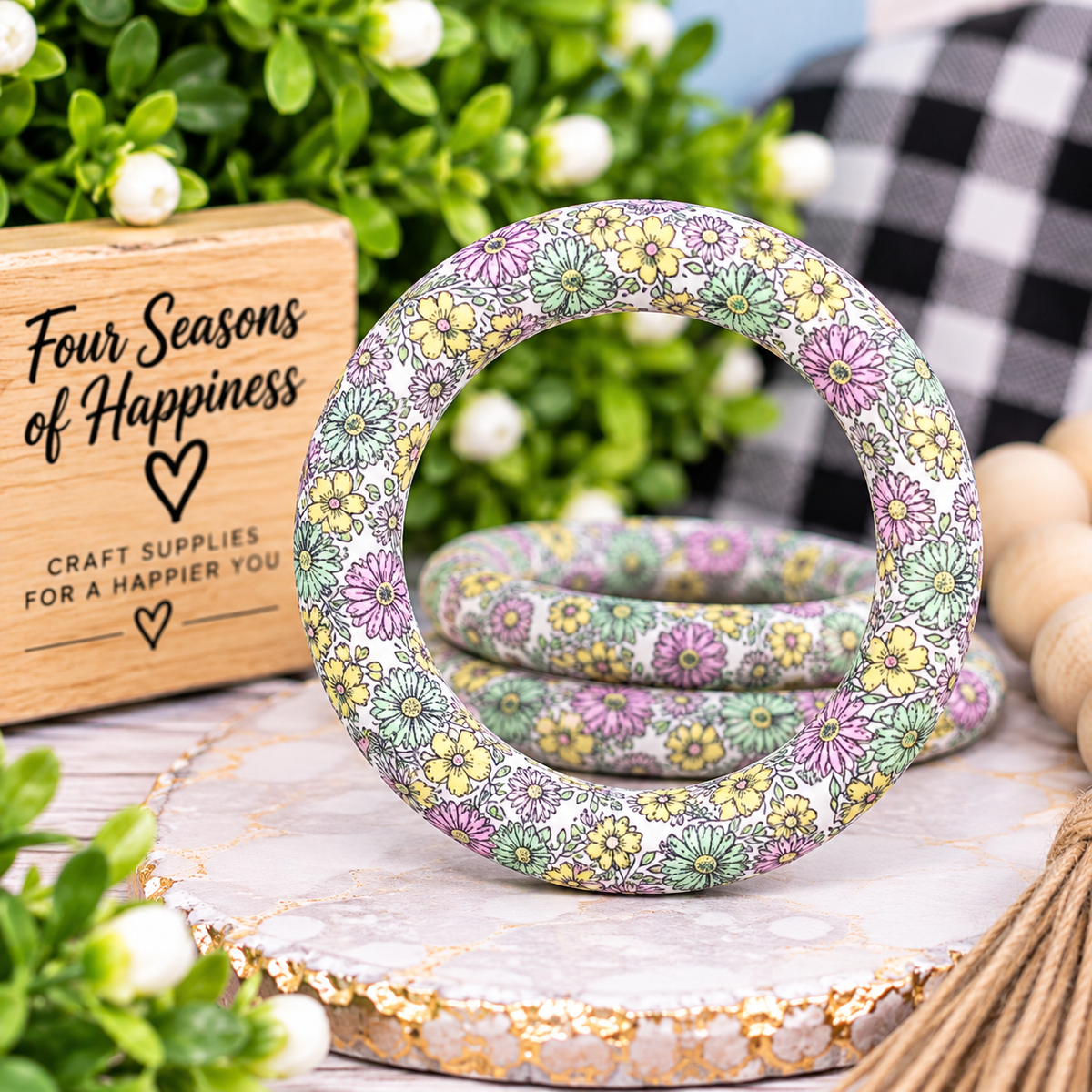 Meadow Daydream – 65mm Pastel Floral Printed Silicone Ring Bead | FSOH