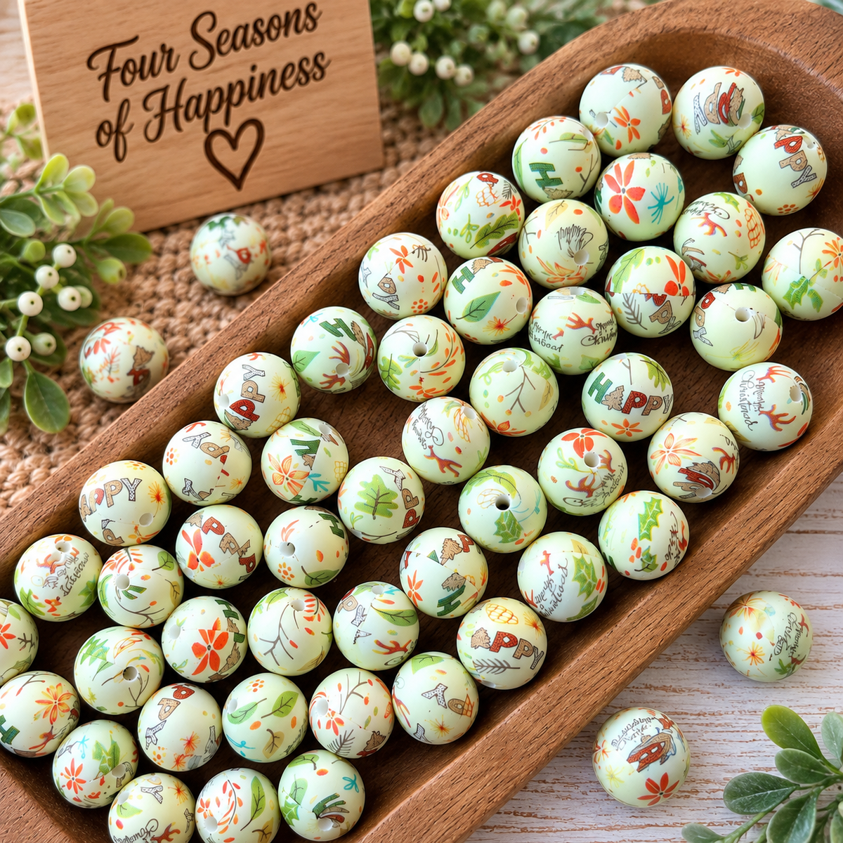 Merry Christmas Garden – 15mm Printed Silicone Bead