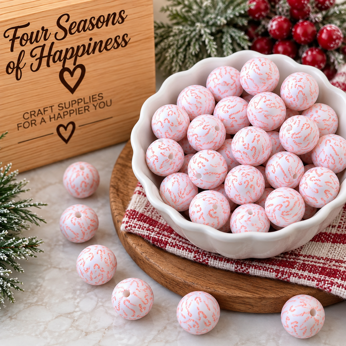 Candy Cane Wishes | 15mm Printed Silicone Bead
