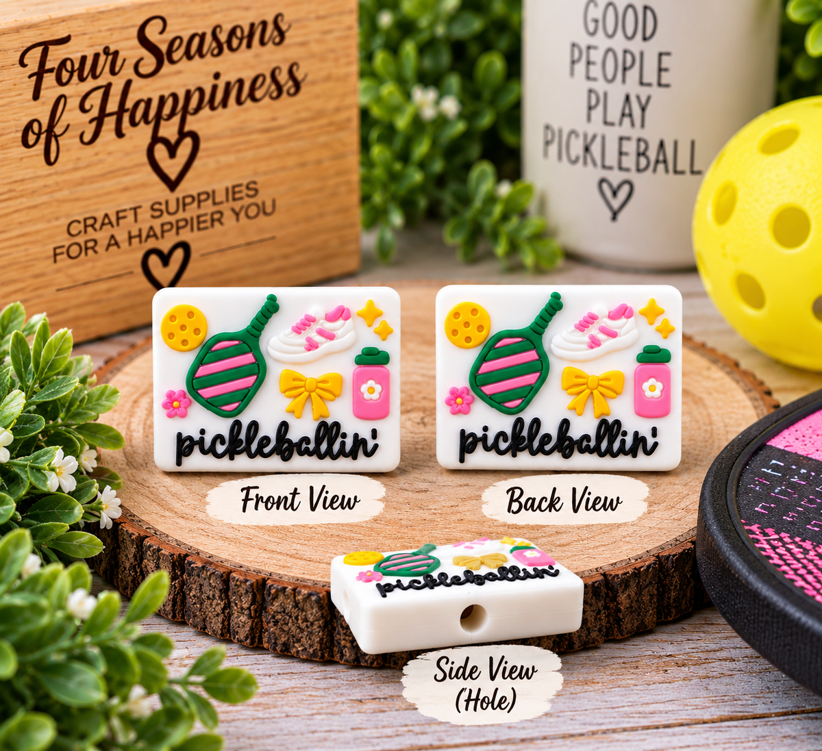 Paddle & Play “Pickleballin’” Silicone Focal Beads – Colorful Beadable Charms for Pens, Keychains & DIY Crafts | Four Seasons of Happiness