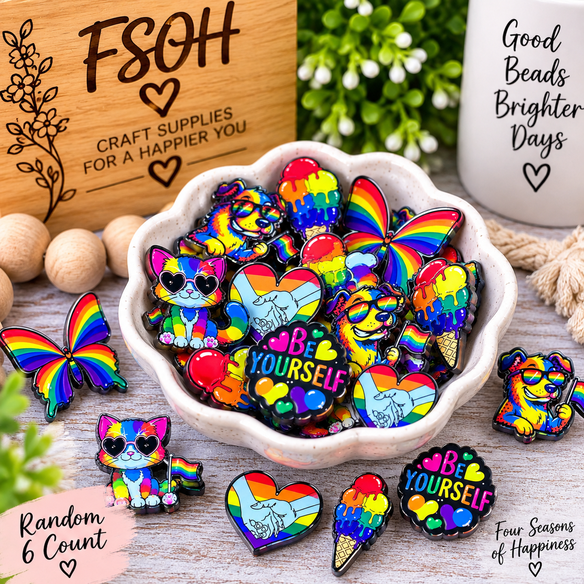 Rainbow Happy Acrylic Focal Bead Mix – Random 6 Count