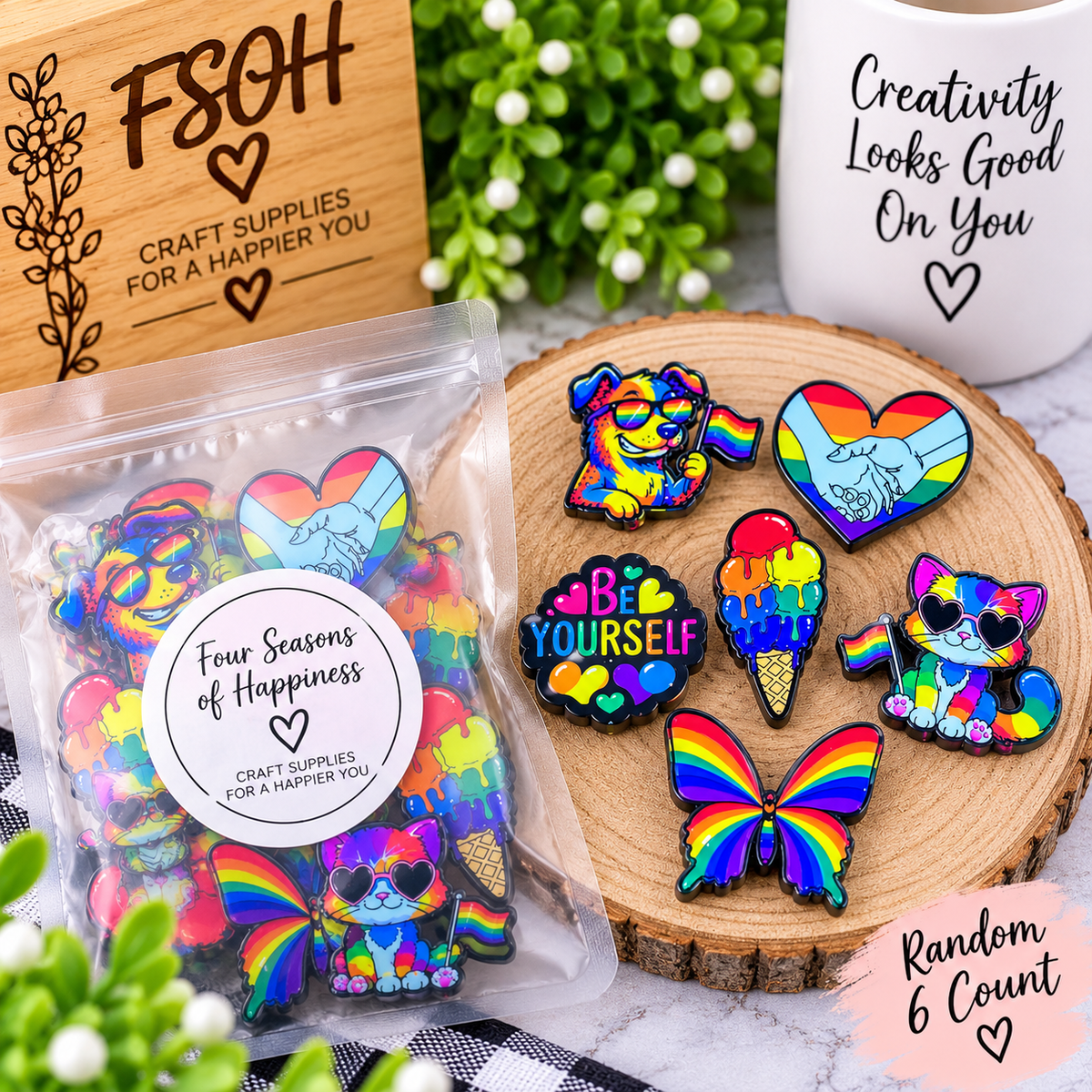 Rainbow Happy Acrylic Focal Bead Mix – Random 6 Count