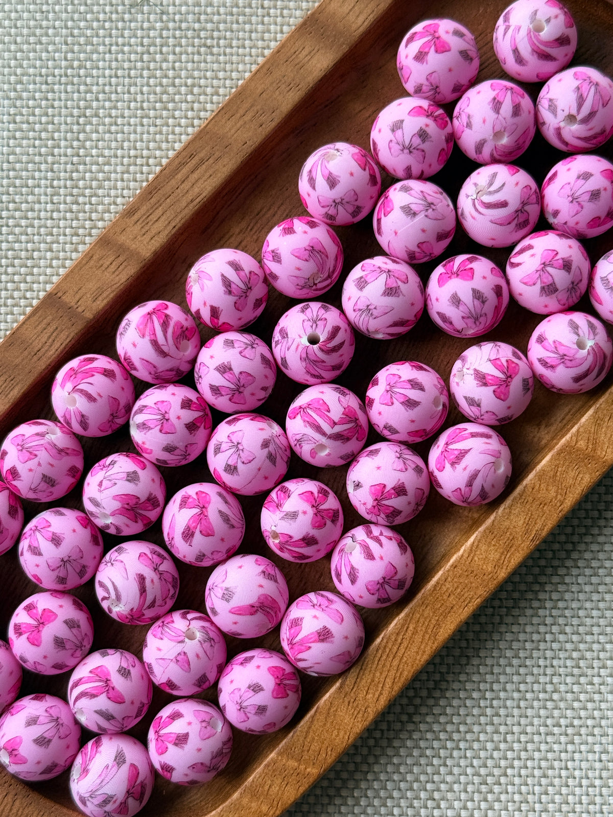 Pretty in Bows – 15mm Pink Bow Printed Silicone Beads