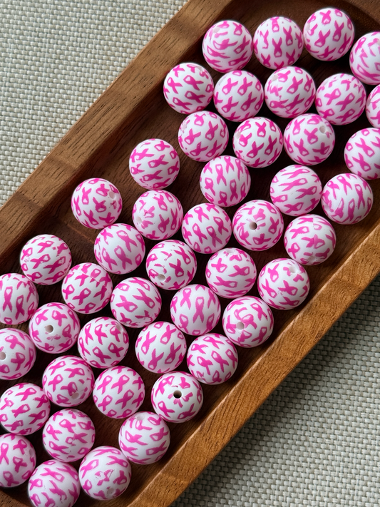 Ribbons of Hope – 15mm Pink Awareness Ribbon Printed Silicone Bead