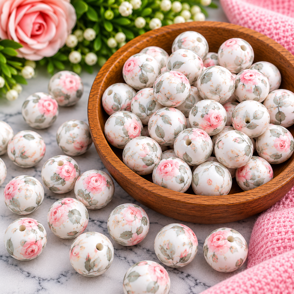 Blushing Rose Garden – 15mm Printed Silicone Bead