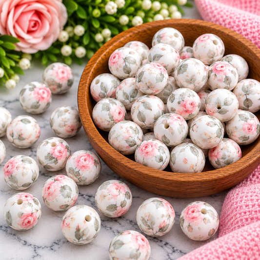 Blushing Rose Garden – 15mm Printed Silicone Bead