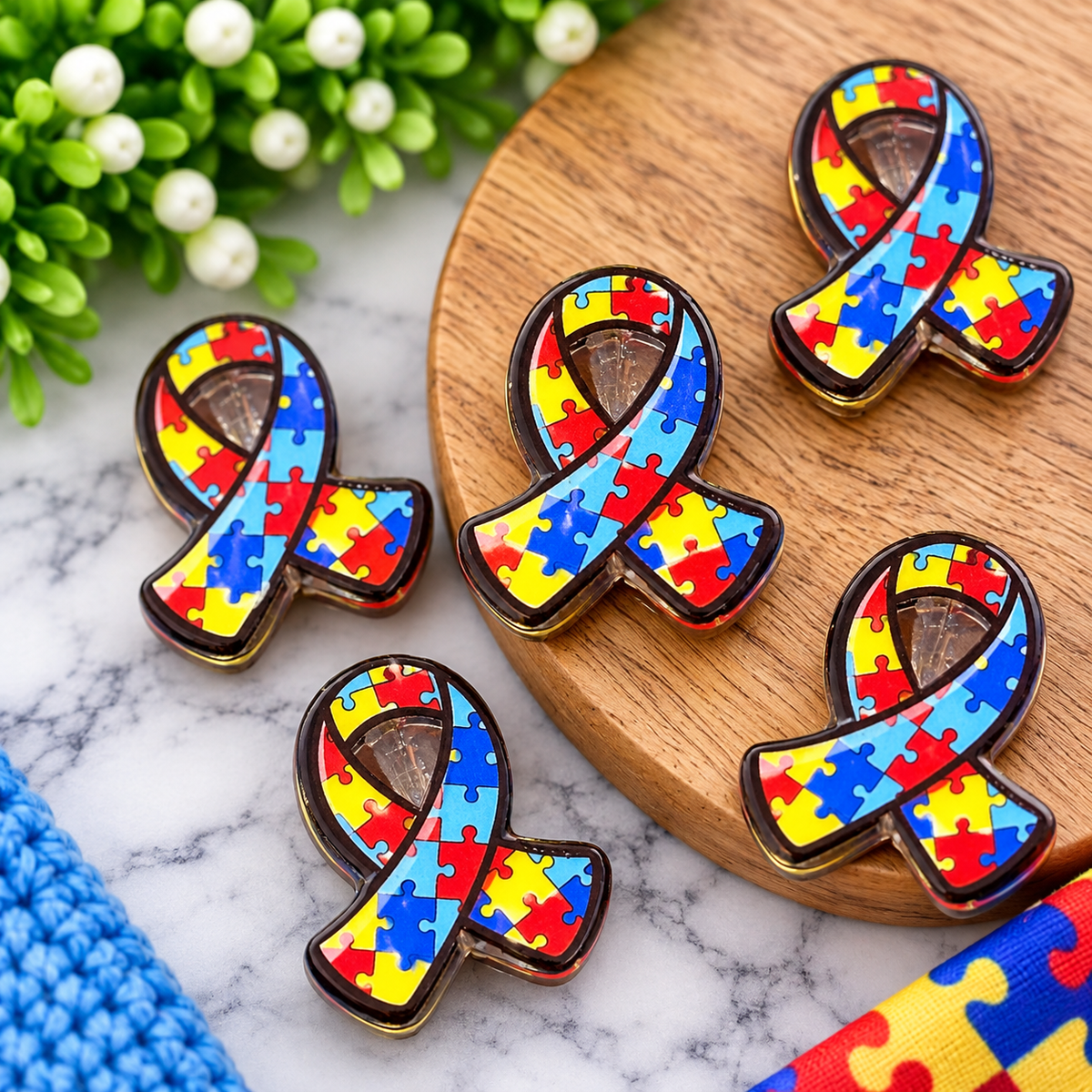Autism Awareness Puzzle Ribbon Acrylic Focal Bead – Sold Individually