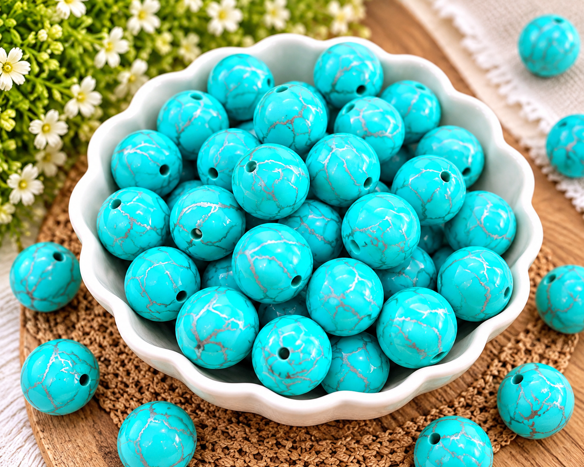 15mm Turquoise Crackle Printed Silicone Bead – Single Round Focal Bead for Beaded Pens, Keychains & DIY Crafts