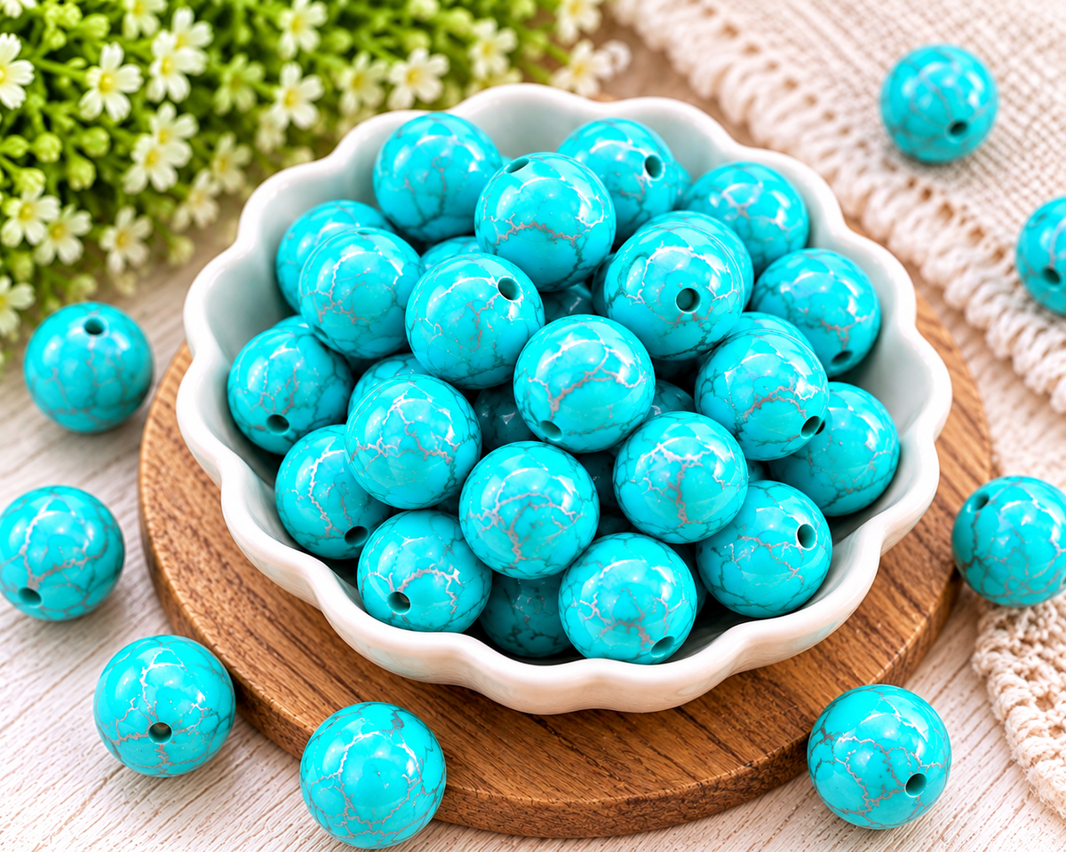 15mm Turquoise Crackle Printed Silicone Bead – Single Round Focal Bead for Beaded Pens, Keychains & DIY Crafts