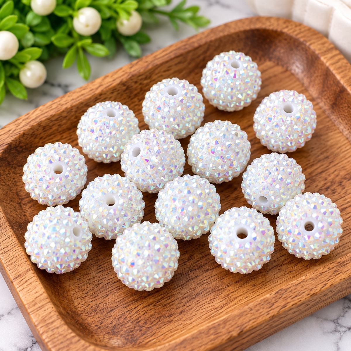 20mm Pure Snow Acrylic Rhinestone Bubblegum Beads | 10 Count | Chunky Sparkle Craft Beads | Four Seasons of Happiness