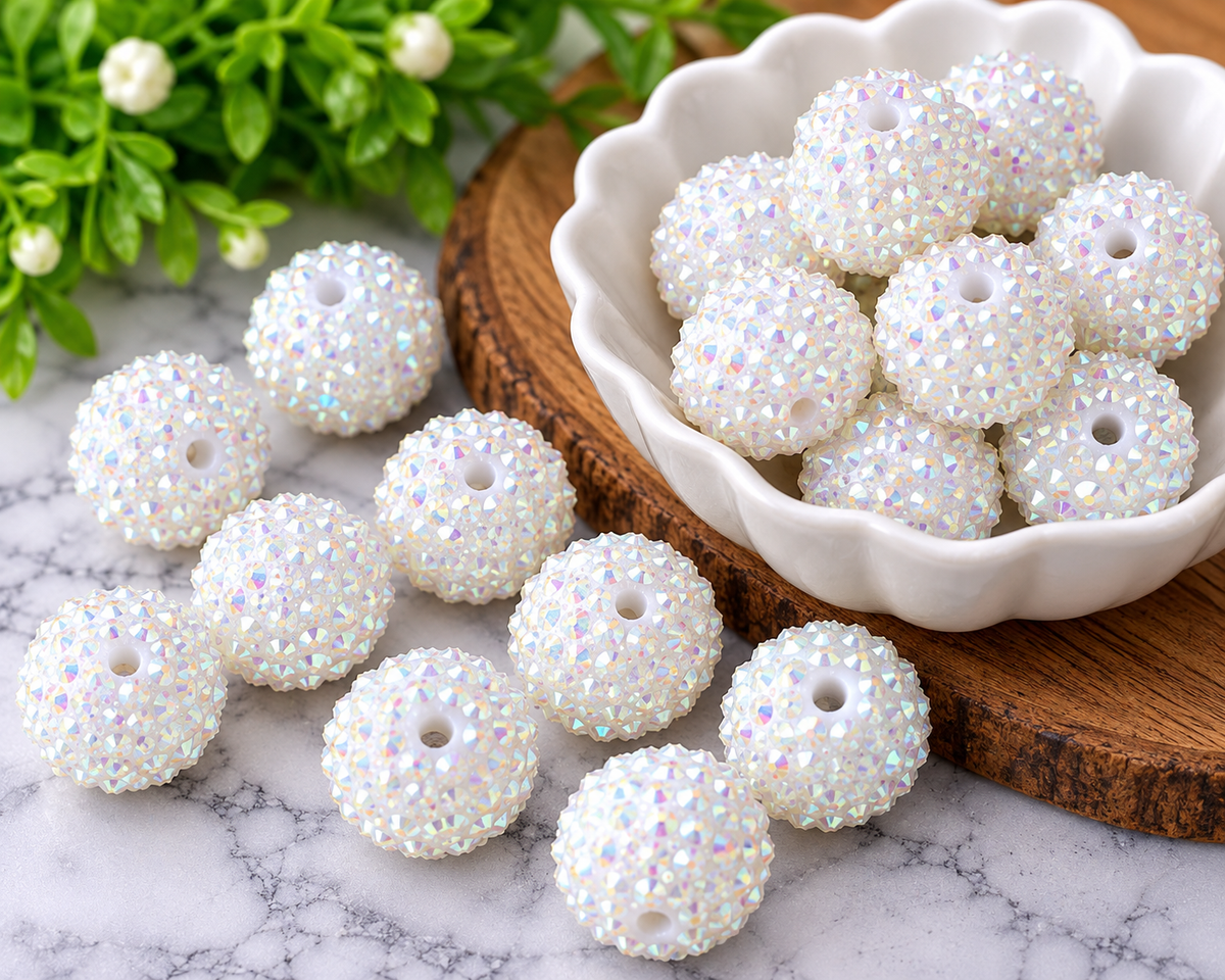 20mm Pure Snow Acrylic Rhinestone Bubblegum Beads | 10 Count | Chunky Sparkle Craft Beads | Four Seasons of Happiness