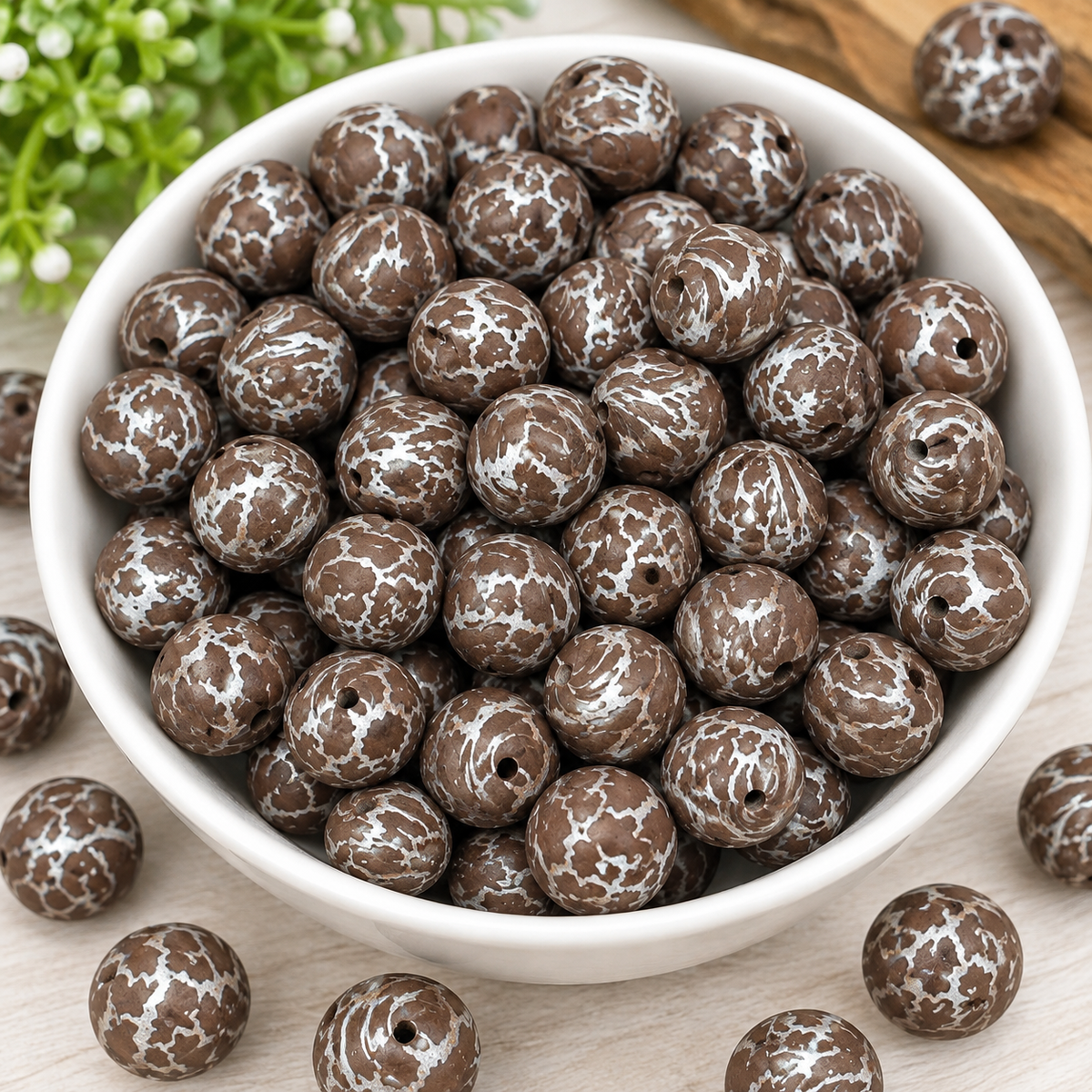 Chocolate Happiness Crackle Beads – 15mm Silicone Round Beads for Jewelry & Crafts