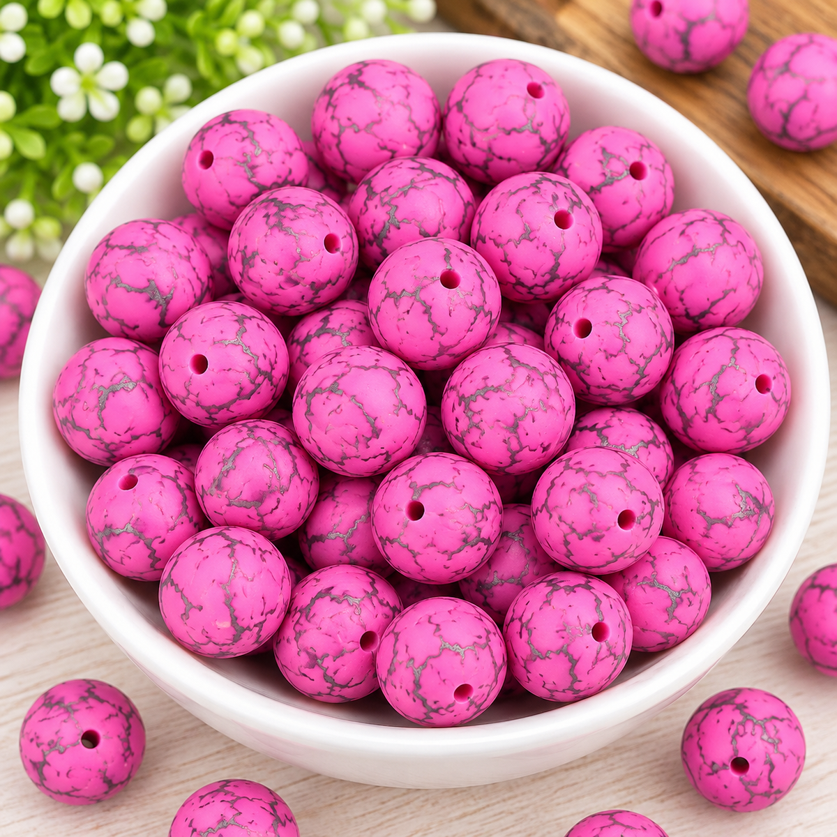 Pink Happiness 15mm Printed Silicone Beads – Hot Pink & Gray Crackle