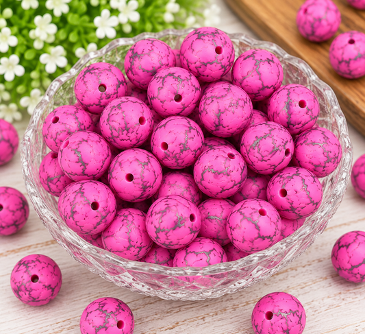 Pink Happiness 15mm Printed Silicone Beads – Hot Pink & Gray Crackle