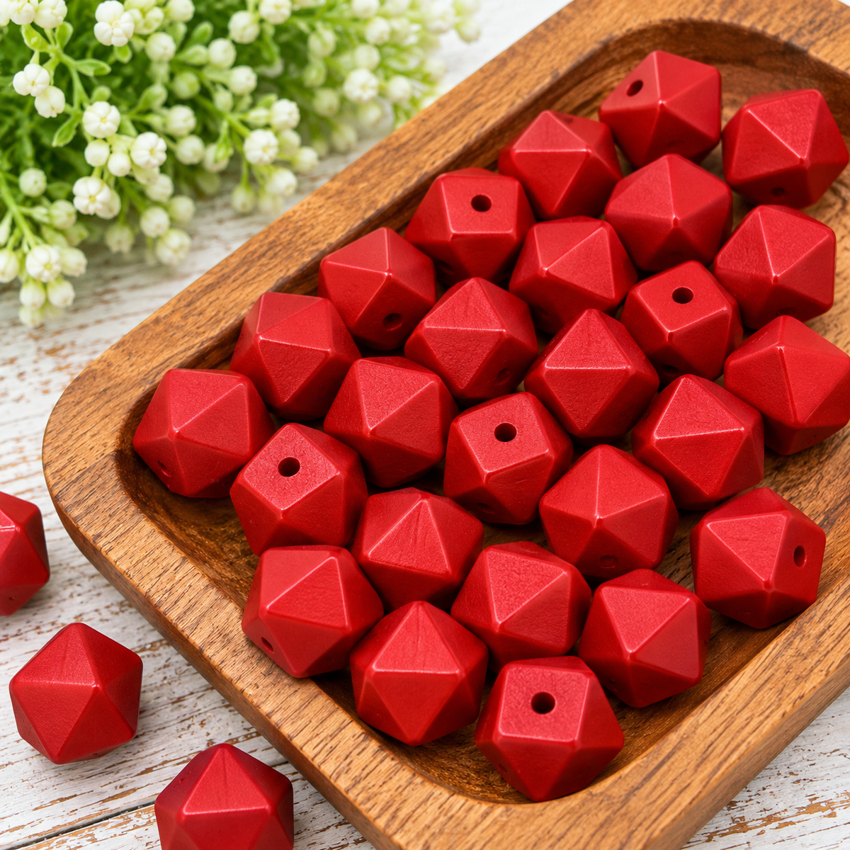 Ruby Radiance | 14mm Metallic Silicone Hexagon Beads – 10ct
