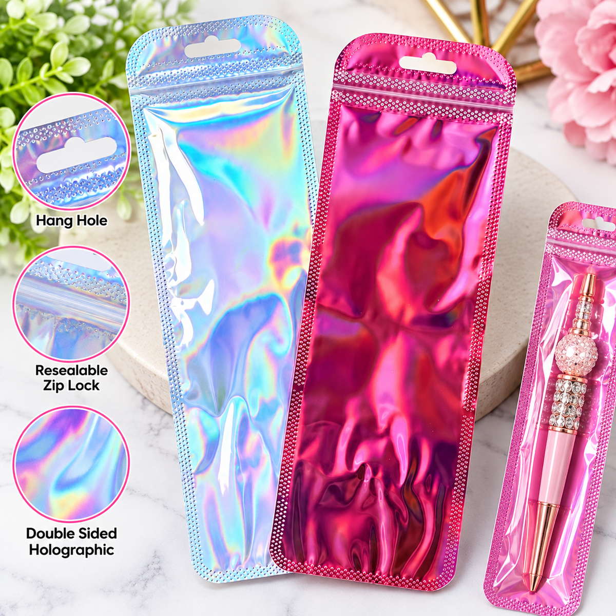Double-Sided Holographic Zip Bags for Pens – 30ct | Beaded Pen Packaging