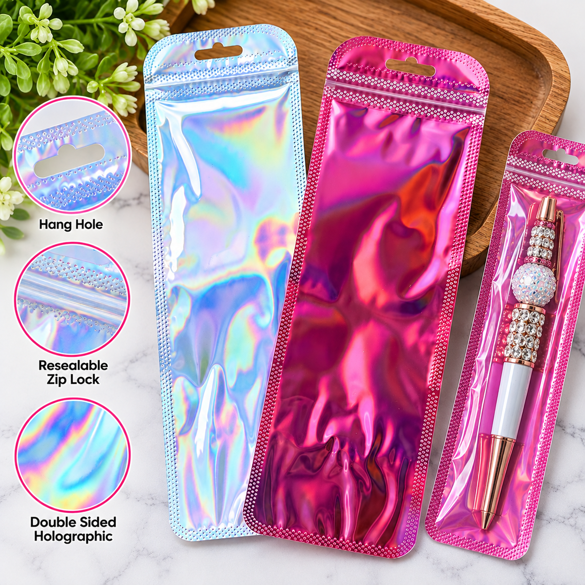 Double-Sided Holographic Zip Bags for Pens – 30ct | Beaded Pen Packaging