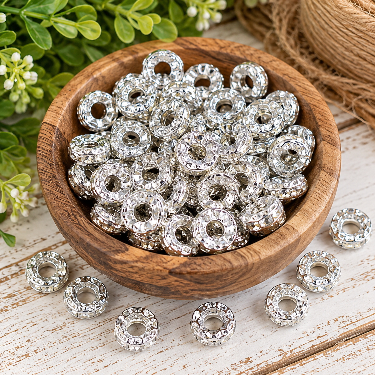 10mm Mixed Color Rhinestone Spacer Beads – 40 Count Wide Mouth Silver Alloy Spacers for Beaded Jewelry & Crafting