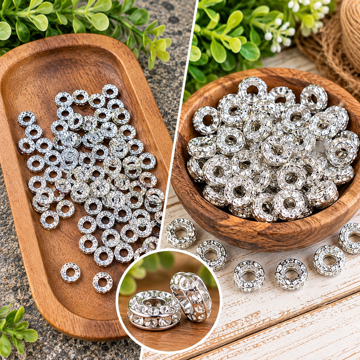 10mm Mixed Color Rhinestone Spacer Beads – 40 Count Wide Mouth Silver Alloy Spacers for Beaded Jewelry & Crafting