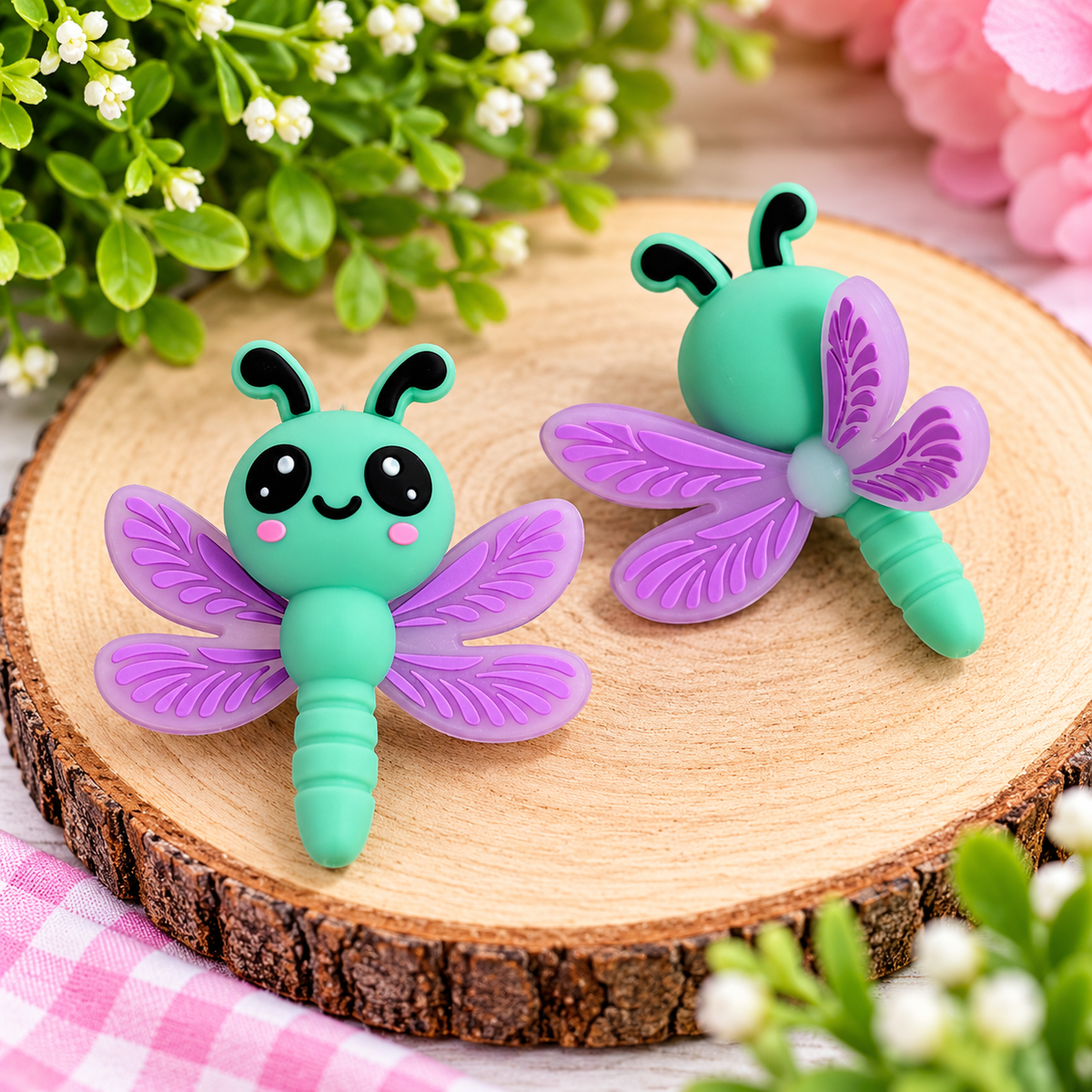 Whimsical Dragonfly Silicone Focal Bead | Mint Green & Purple