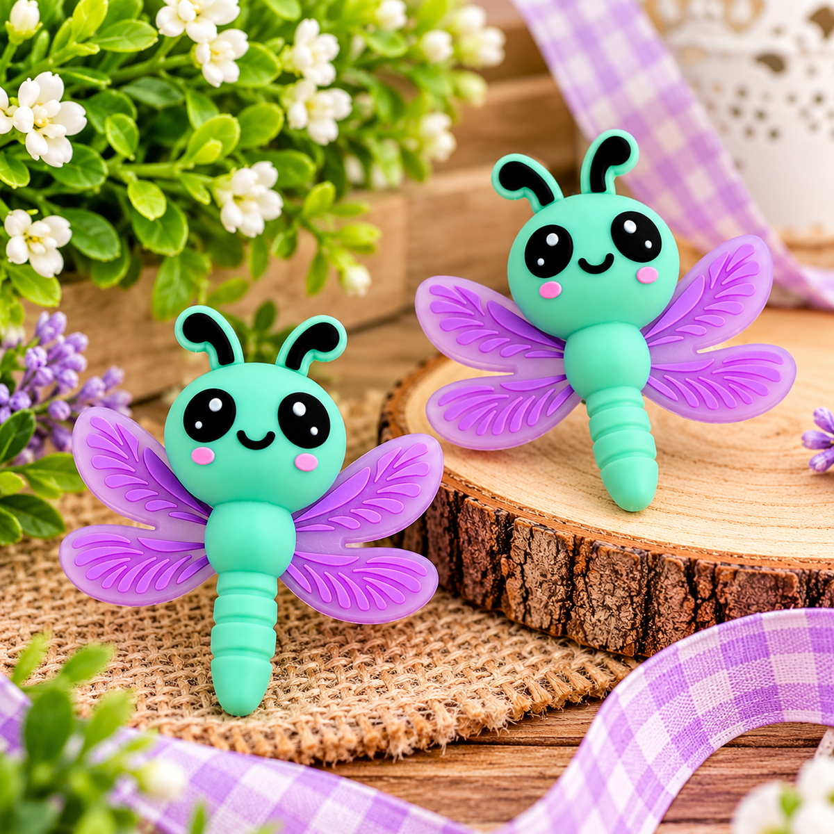 Whimsical Dragonfly Silicone Focal Bead | Mint Green & Purple