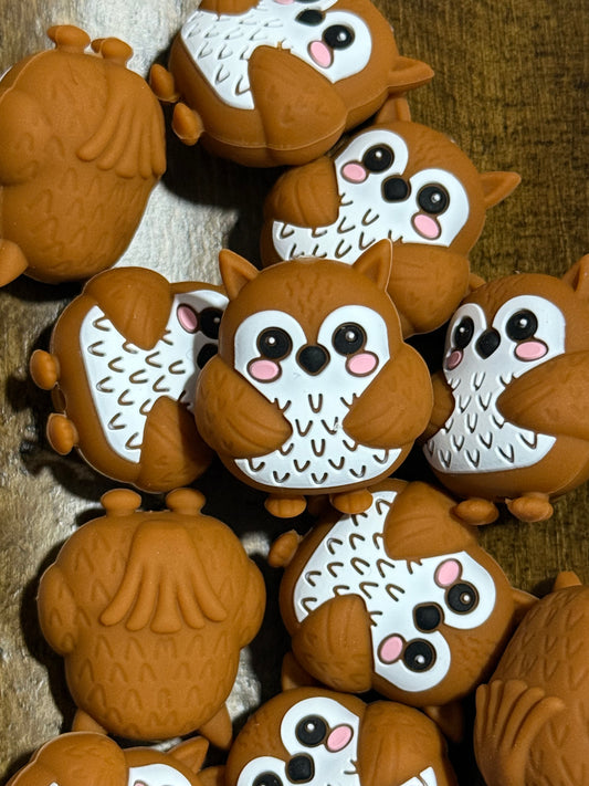 3D Owl Silicone Focal Bead Brown White Pink