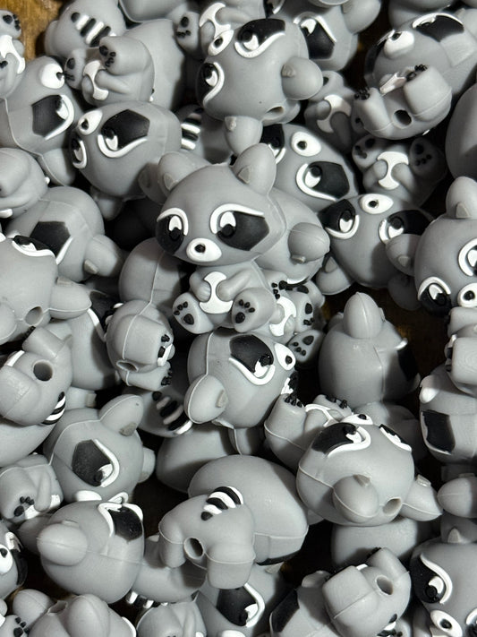 3D Gray Raccoon Silicone Focal Bead