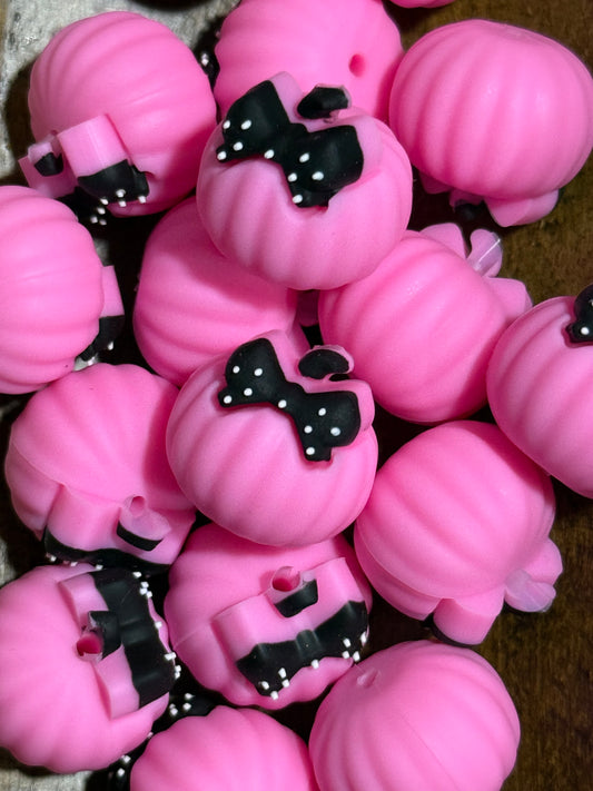 3D Pink Polka Dot Bow Pumpkin Silicone Focal Bead