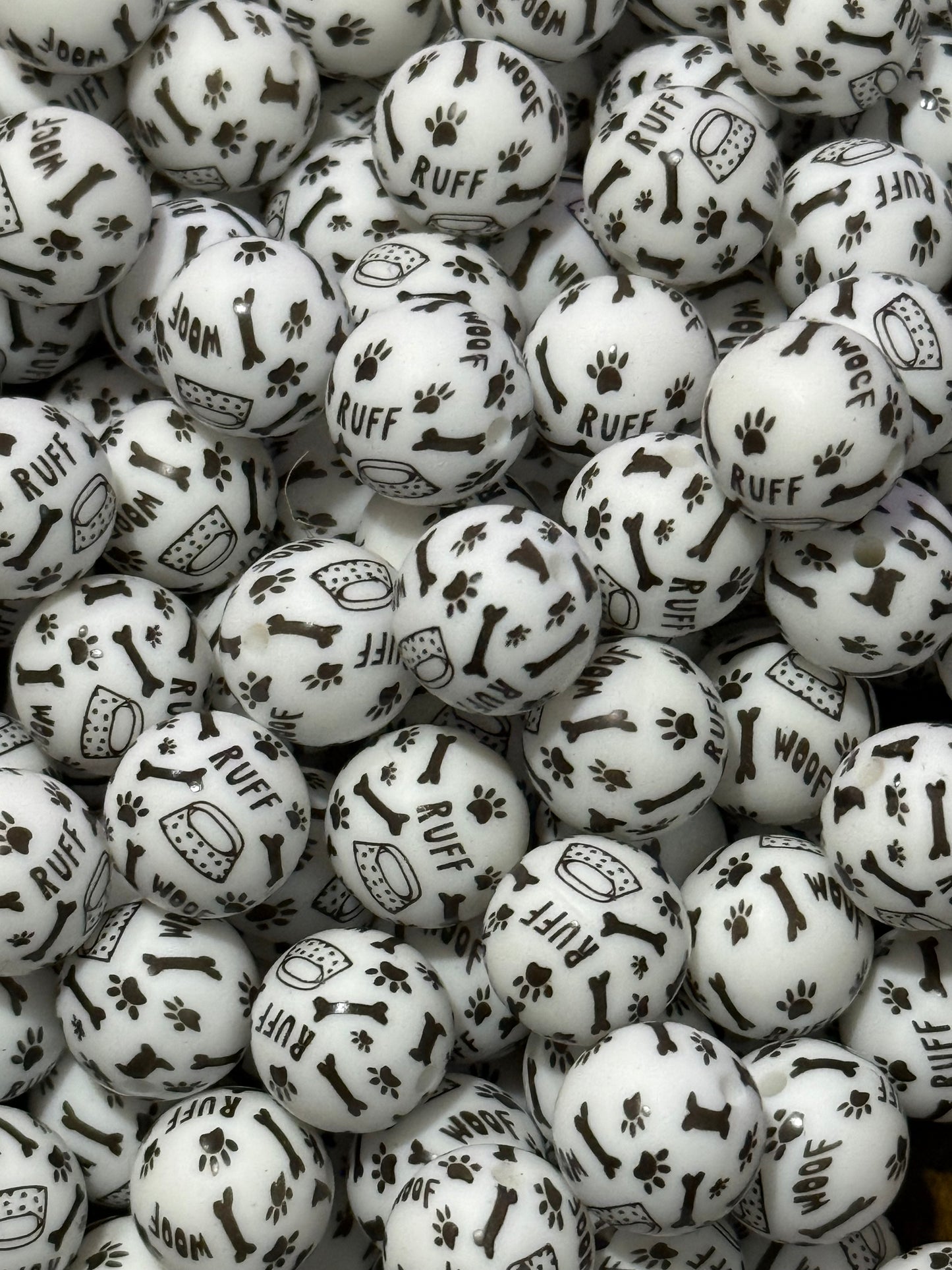 Dog Bone Printed 15mm Printed Silicone Bead Black And White
