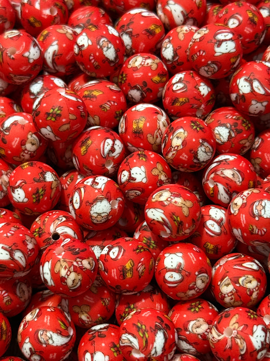 Red Christmas 15mm Printed Round Silicone Bead