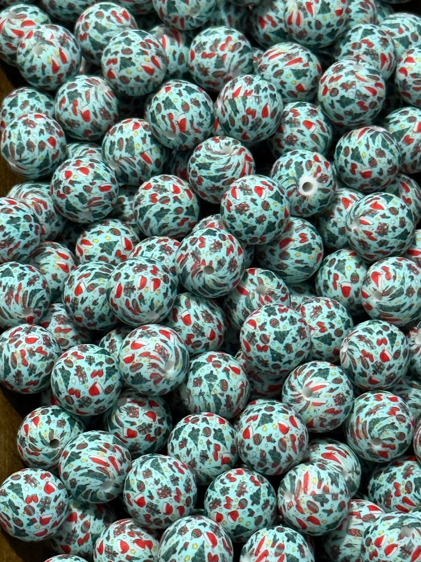 Blue Christmas 15mm Printed Round Silicone Bead