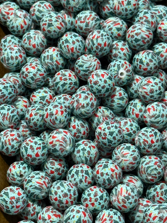 Blue Christmas 15mm Printed Round Silicone Bead