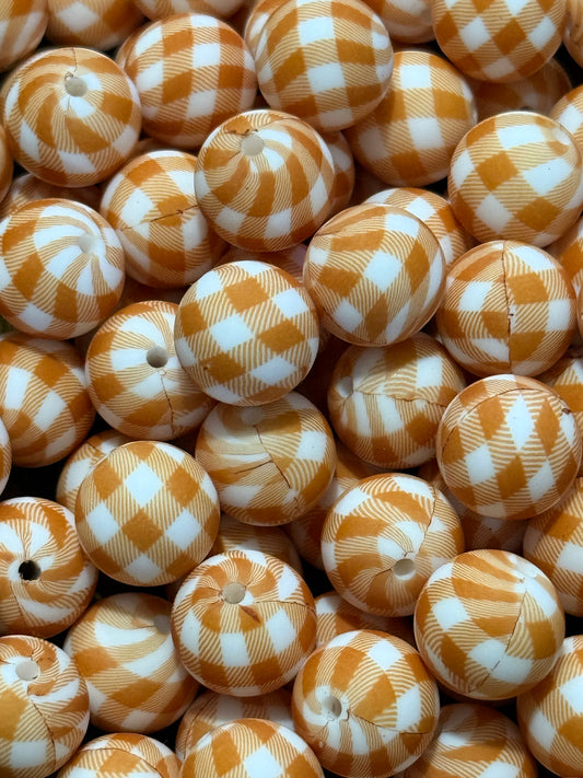 Orange And White Check 15mm Printed Silicone Bead